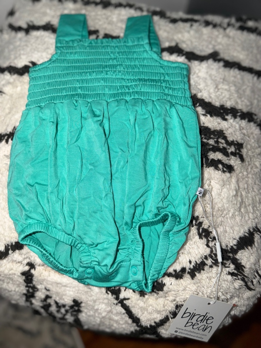 Birdie Bean Seafoam Bamboo Smocked Birdie Bubble Romper Teal 0-3M